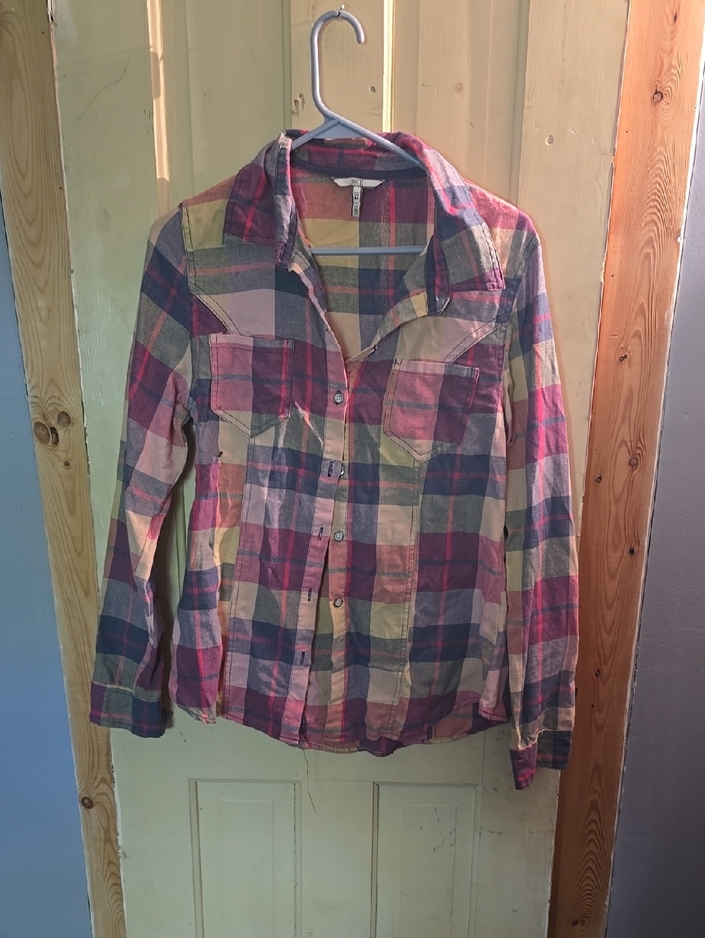 BKE Plaid Button-Up Shirt in Pink, Green, Blue